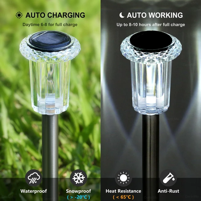 Alt view image 3 of 7 - Solar Pathway Lights Outdoor Waterproof Cold White LED 15 Pack Yard Garden Driveway Walkway Landscape Path Lights, Starburst Pattern, Acrylic Diamond-like Lampshade Stainless Steel Pole