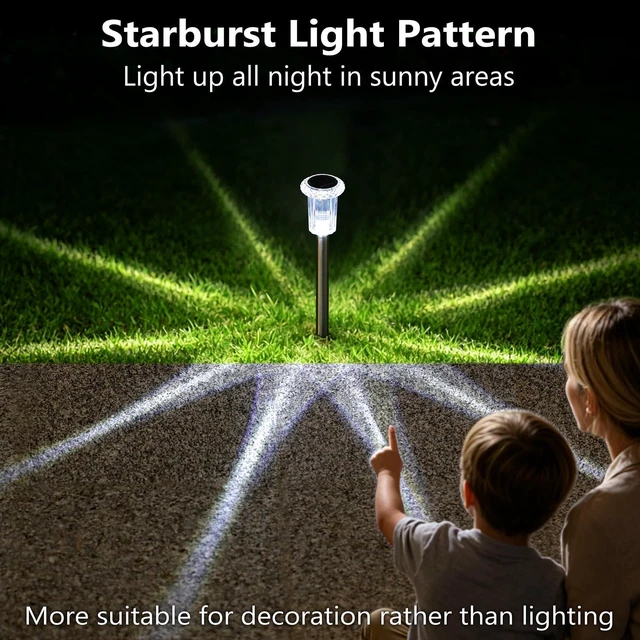 Alt view image 6 of 7 - Solar Pathway Lights Outdoor Waterproof Cold White LED 15 Pack Yard Garden Driveway Walkway Landscape Path Lights, Starburst Pattern, Acrylic Diamond-like Lampshade Stainless Steel Pole