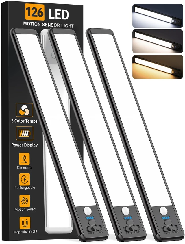 Main image of Under Cabinet Lighting Wireless, 15inch Motion Sensor Light, 3Pack-Black Rechargeable, 3 Color Temps, Dimmable, Power Display, LED Closet Light Magnetic, Under Counter Lights for Kitchen Shelf Home