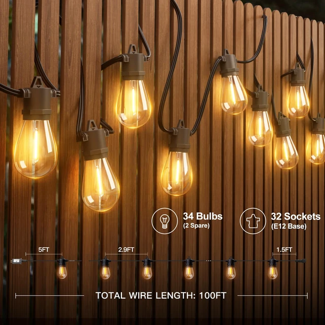 Alt view image 5 of 7 - 100FT LED Outdoor String Lights, Waterproof Dimmable Bulbs for Patio UL Listed, Remote Control. Shatterproof Edison Bulbs, Timer, Linkable, 2700K Warm White. For Backyard, Pergola, 2-Pack*50FT