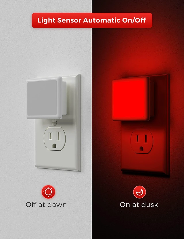 Alt view image 3 of 7 - Red Night Lights Plug into Wall 2-Pack, Plug in Night Light Built-in Dusk to Dawn Sensor, Bright Nightlight Auto-on/off, for Adults Kids Room Bedroom Bathroom Hallway Kitchen, 0.3W