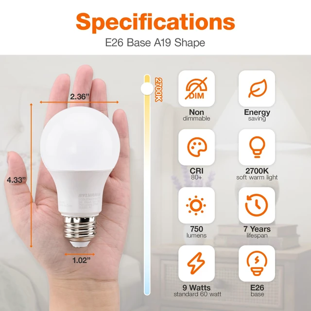 Alt view image 2 of 6 - Sylvania ECO LED A19 Light Bulb, 60W Equivalent Efficient 9W, 7 Year, 750 Lumens, Medium Base, Frosted, 2700K, Soft White - 24 Pack (40986)