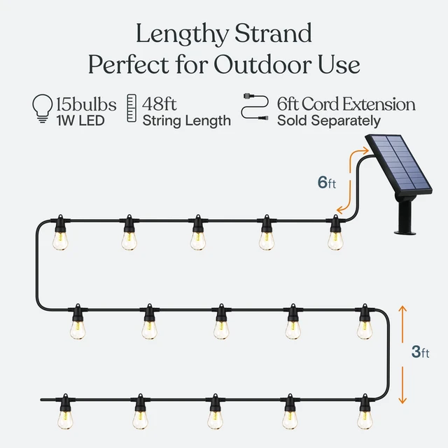 Alt view image 3 of 7 - Ambience Pro Solar Powered Outdoor String Lights, 48 ft Commercial Grade Waterproof Patio Lights, 15 Edison Bulbs, Shatterproof LED String Lights for Outside, Porch - 1W Warm White