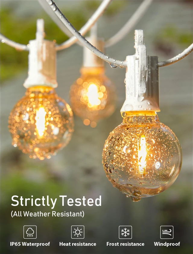 Alt view image 6 of 7 - Outdoor String Lights, 29FT G40 LED IP65 Waterproof Patio Lights 12 Shatterproof Edison Bulbs, Plug-In, Dimmable, Connectable, Hanging Light for Backyard Porch Party Decorative, White Wire
