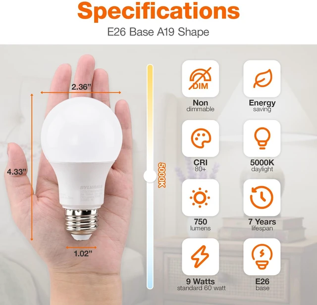 Alt view image 2 of 6 - Sylvania ECO LED A19 Light Bulb, 60W Equivalent, Efficient 9W, 7 Year, 750 Lumens, Non-Dimmable, Frosted, 5000K, Daylight - 8 Pack (40883)