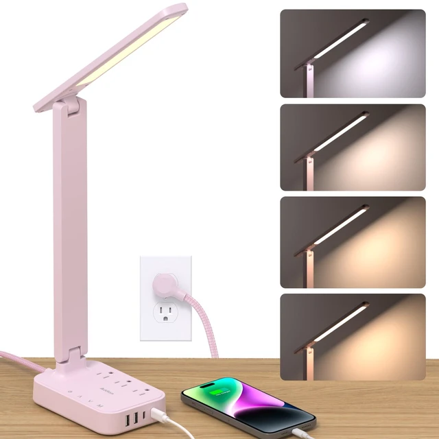 Main image of LED Desk Lamp, Power Strip with 3 Outlets 4 USB Charging Ports(2 USBC), 4 Modes 5 Level Brightness Touch Lamp, Small Desk Lamp for Home Office College Dorm Room Essentials, Pink