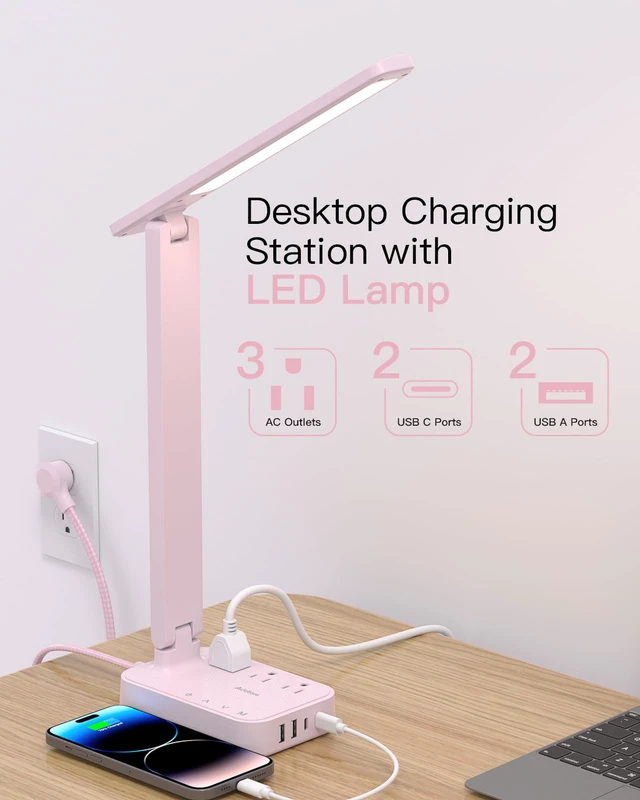 Alt view image 2 of 7 - LED Desk Lamp, Power Strip with 3 Outlets 4 USB Charging Ports(2 USBC), 4 Modes 5 Level Brightness Touch Lamp, Small Desk Lamp for Home Office College Dorm Room Essentials, Pink