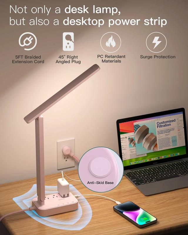 Alt view image 5 of 7 - LED Desk Lamp, Power Strip with 3 Outlets 4 USB Charging Ports(2 USBC), 4 Modes 5 Level Brightness Touch Lamp, Small Desk Lamp for Home Office College Dorm Room Essentials, Pink