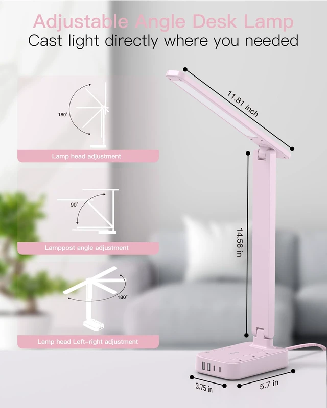 Alt view image 4 of 7 - LED Desk Lamp, Power Strip with 3 Outlets 4 USB Charging Ports(2 USBC), 4 Modes 5 Level Brightness Touch Lamp, Small Desk Lamp for Home Office College Dorm Room Essentials, Pink