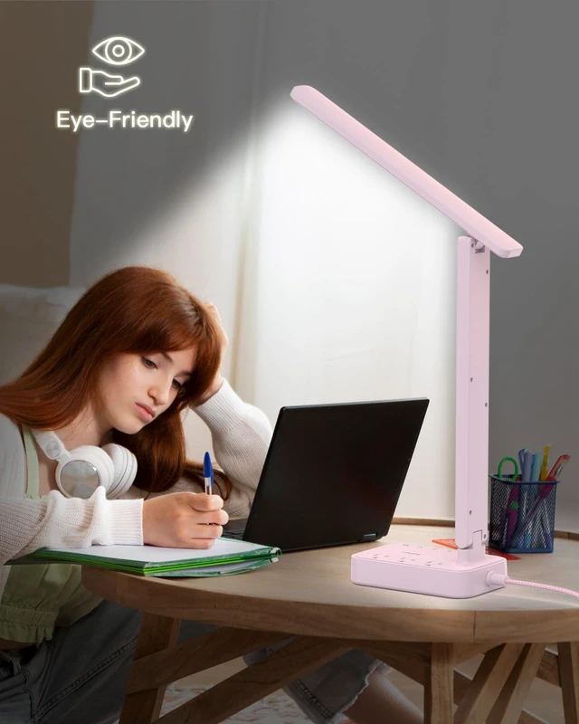 Alt view image 6 of 7 - LED Desk Lamp, Power Strip with 3 Outlets 4 USB Charging Ports(2 USBC), 4 Modes 5 Level Brightness Touch Lamp, Small Desk Lamp for Home Office College Dorm Room Essentials, Pink