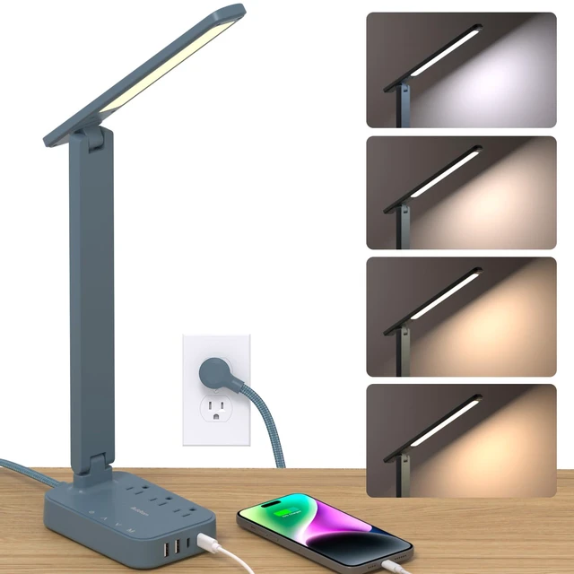 Main image of LED Desk Lamp, Power Strip with 3 Outlets 4 USB Charging Ports(2 USBC), 4 Modes 5 Level Brightness Touch Lamp, Small Desk Lamp for Home Office College Dorm Room Essentials, Blue