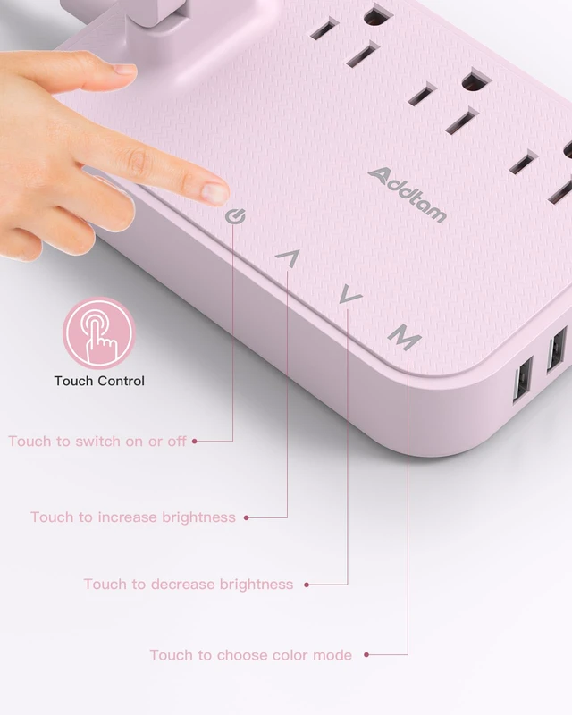 Alt view image 7 of 7 - LED Desk Lamp, Power Strip with 3 Outlets 4 USB Charging Ports(2 USBC), 4 Modes 5 Level Brightness Touch Lamp, Small Desk Lamp for Home Office College Dorm Room Essentials, Pink