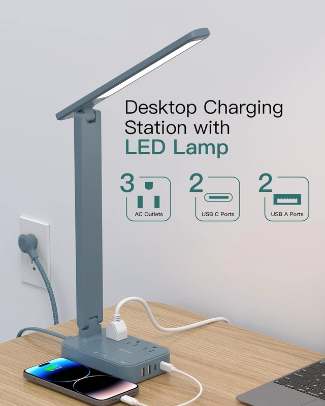 Alt view image 2 of 7 - LED Desk Lamp, Power Strip with 3 Outlets 4 USB Charging Ports(2 USBC), 4 Modes 5 Level Brightness Touch Lamp, Small Desk Lamp for Home Office College Dorm Room Essentials, Blue