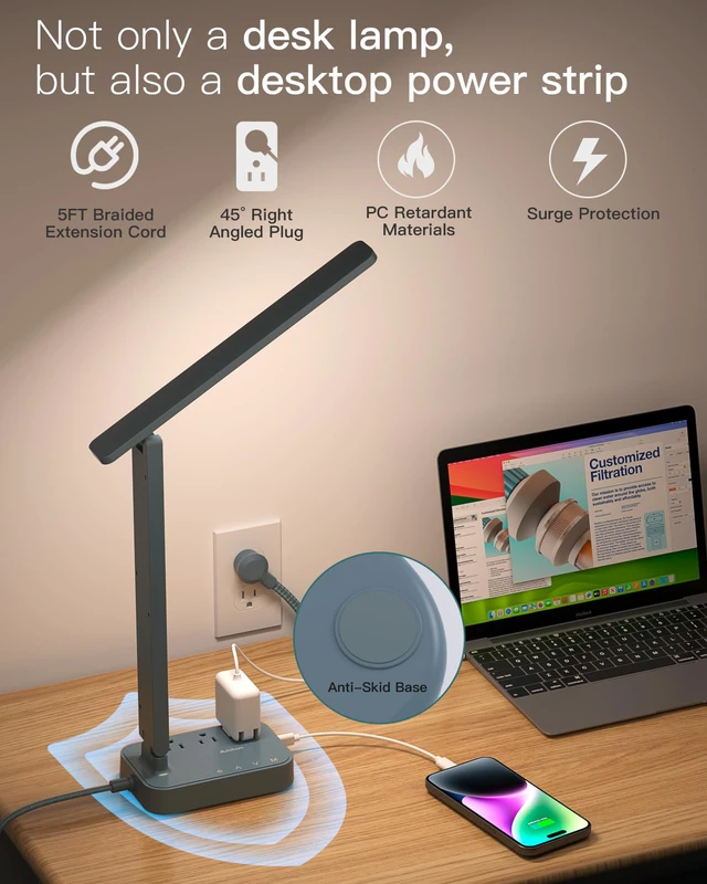 Alt view image 5 of 7 - LED Desk Lamp, Power Strip with 3 Outlets 4 USB Charging Ports(2 USBC), 4 Modes 5 Level Brightness Touch Lamp, Small Desk Lamp for Home Office College Dorm Room Essentials, Blue