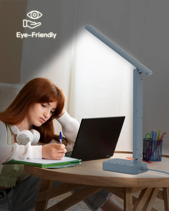 Alt view image 6 of 7 - LED Desk Lamp, Power Strip with 3 Outlets 4 USB Charging Ports(2 USBC), 4 Modes 5 Level Brightness Touch Lamp, Small Desk Lamp for Home Office College Dorm Room Essentials, Blue