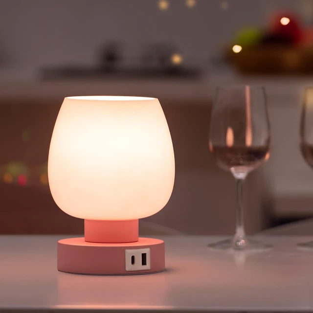 Main image of Touch Bedside Table Lamp - Pink Small Lamp for Bedroom with USB C+A Charging Ports 3 Way Dimmable, Nightstand Desk lamp with Glass Lamp Shade Warm LED Bulb Included, Simple Design Christmas