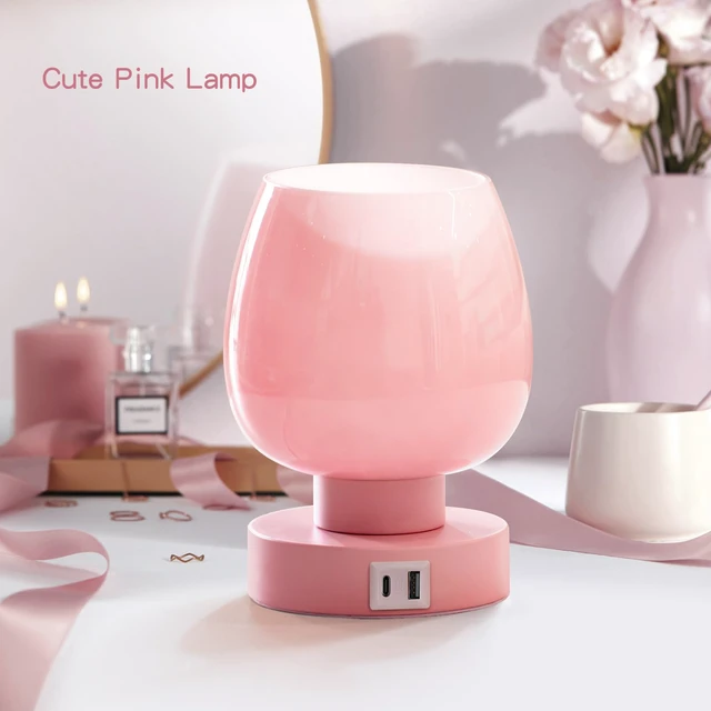 Alt view image 2 of 6 - Touch Bedside Table Lamp - Pink Small Lamp for Bedroom with USB C+A Charging Ports 3 Way Dimmable, Nightstand Desk lamp with Glass Lamp Shade Warm LED Bulb Included, Simple Design Christmas