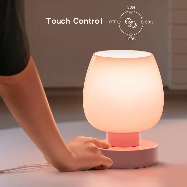 Alt view image 3 of 6 - Touch Bedside Table Lamp - Pink Small Lamp for Bedroom with USB C+A Charging Ports 3 Way Dimmable, Nightstand Desk lamp with Glass Lamp Shade Warm LED Bulb Included, Simple Design Christmas