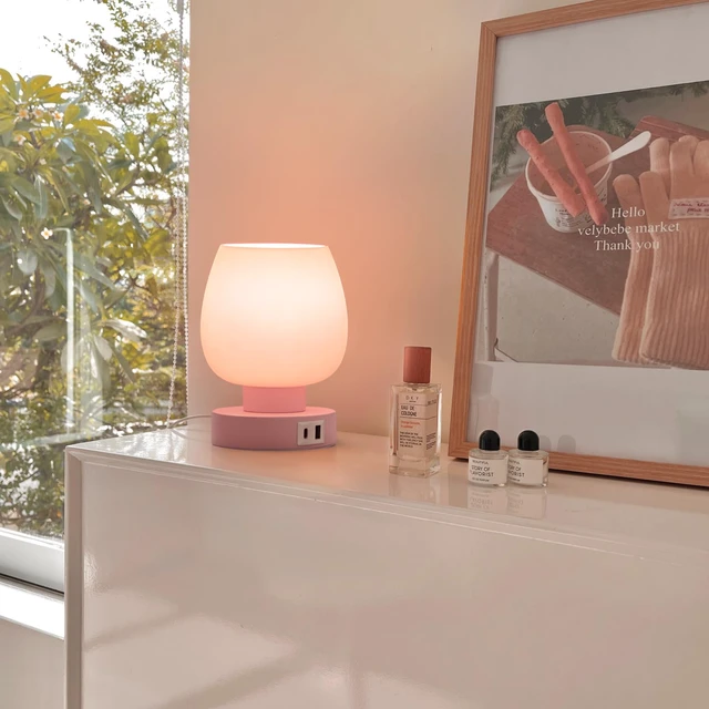 Alt view image 5 of 6 - Touch Bedside Table Lamp - Pink Small Lamp for Bedroom with USB C+A Charging Ports 3 Way Dimmable, Nightstand Desk lamp with Glass Lamp Shade Warm LED Bulb Included, Simple Design Christmas