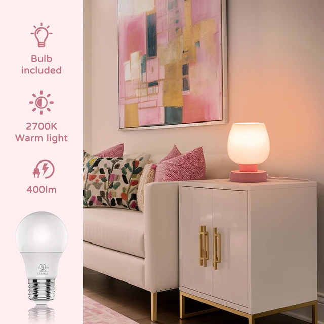 Alt view image 6 of 6 - Touch Bedside Table Lamp - Pink Small Lamp for Bedroom with USB C+A Charging Ports 3 Way Dimmable, Nightstand Desk lamp with Glass Lamp Shade Warm LED Bulb Included, Simple Design Christmas