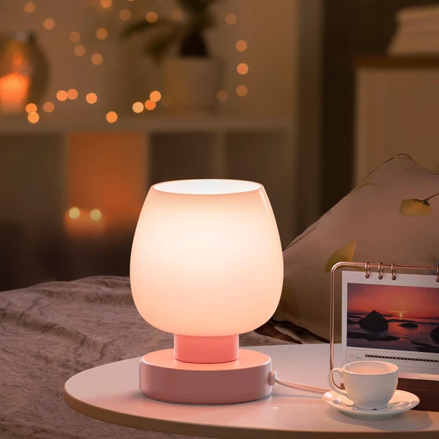Alt view image 4 of 6 - Touch Bedside Table Lamp - Pink Small Lamp for Bedroom with USB C+A Charging Ports 3 Way Dimmable, Nightstand Desk lamp with Glass Lamp Shade Warm LED Bulb Included, Simple Design Christmas