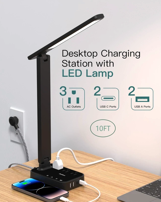 Alt view image 2 of 7 - LED Desk Lamp, Power Strip with 3 Outlets 4 USB Charging Ports(2 USBC), 4 Modes 5 Level Brightness Touch Lamp, Small Desk Lamp for Home Office College Dorm Room Essentials, 10 FT