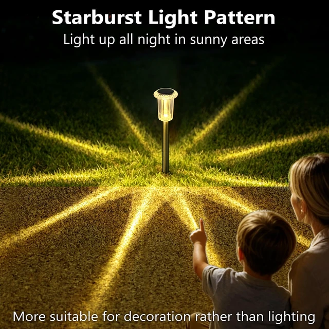 Alt view image 6 of 7 - Solar Garden Lights Outdoor Waterproof Warm White LED 15 Pack Yard Garden Driveway Walkway Landscape Path Lights, Starburst Pattern, Acrylic Diamond-like Lampshade Stainless Steel Pole