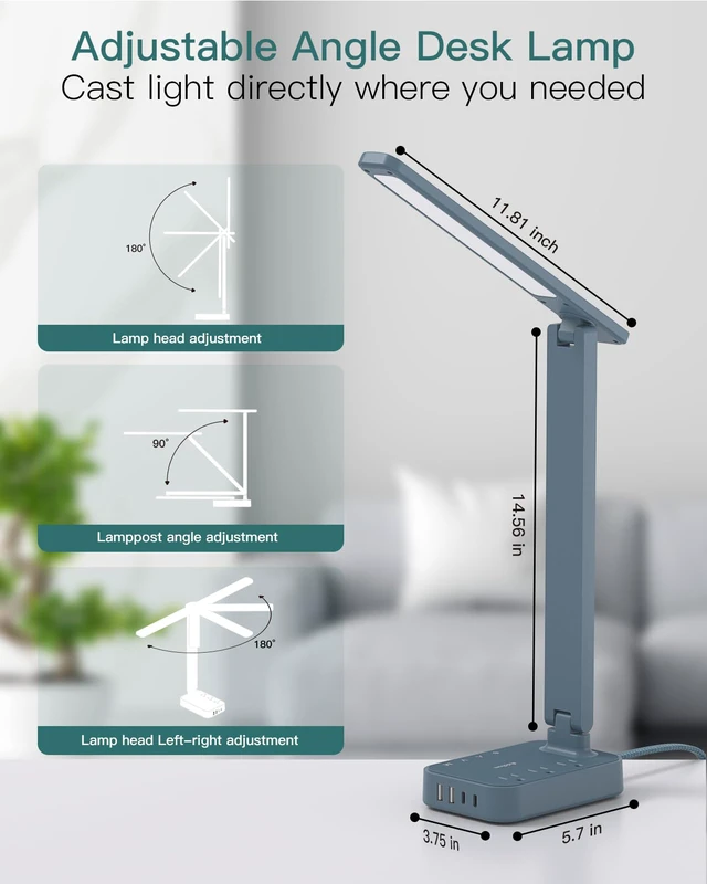 Alt view image 4 of 7 - LED Desk Lamp, Power Strip with 3 Outlets 4 USB Charging Ports(2 USBC), 4 Modes 5 Level Brightness Touch Lamp, Small Desk Lamp for Home Office College Dorm Room Essentials, Blue