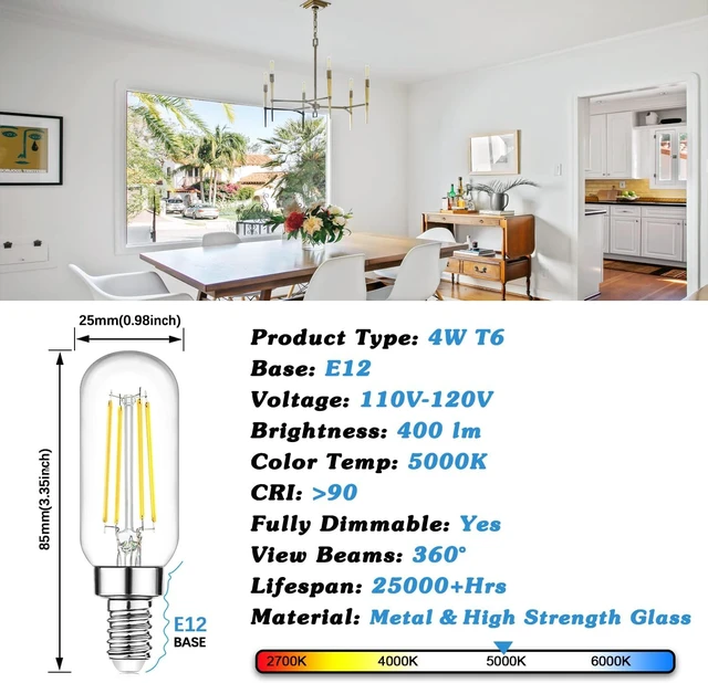 Alt view image 3 of 7 - E12 LED Light Bulbs 40 Watt Equivalent, 4W Candelabra Dimmable Edison Bulbs, 5000K T6 Bulbs for Chandelier Ceiling Fan Light 400LM, Vintage T25 Tubular Small Filament Bulbs, 12 Packs