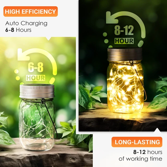 Alt view image 6 of 6 - Solar Mason Jar Lights, 8 Pack 30 Led String Fairy Lights Garden Lights Outdoor Waterproof Hanging Solar Lanterns for Outdoor, Garden, Patio, Lawn, Balcony Decoration