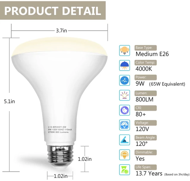 Alt view image 4 of 7 - 24Pack BR30 LED Bulb Indoor Flood Light Bulbs, 65W Equivalent Dimmable LED Bulbs, 4000K Neutral White, 850 Lumens E26 Base, Recessed Can Bulb for Living Room Bedroom Dining Room Bathroom
