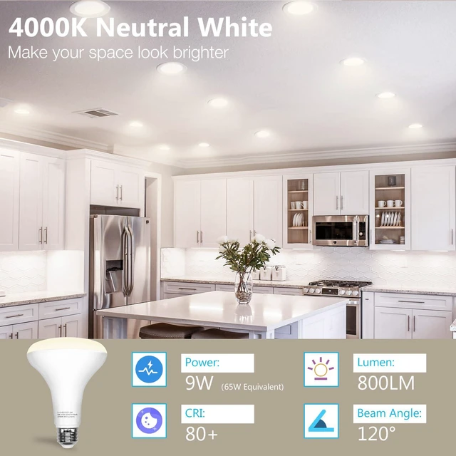 Alt view image 5 of 7 - 24Pack BR30 Led Bulb 65W Equivalent, Dimmable Flood Light Bulbs Indoor, E26 Base, 4000K Neutral White, 9W, 800 LM, Recessed Lighting Bulbs for Ceiling, Recessed Can, Living Room and Kitchen