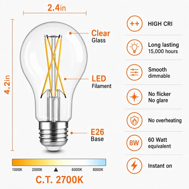 Alt view image 2 of 7 - A19 Vintage Dimmable LED Light Bulbs, E26 Base 60W Equivalent, 12 Pack 2700K Warm White, 8W, 800 Lumens High Brightness, CRI 80+, Clear Glass Edison Filament, for Home, Farmhouse