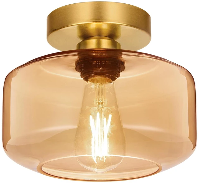 Main image of Industrial Semi Flush Mount Ceiling Light Brushed Gold, Amber Glass Shade Ceiling Light Fixture,Amber Light Fixture for Hallway Bathroom Bedroom, Vintage Hanging Light Fixtures