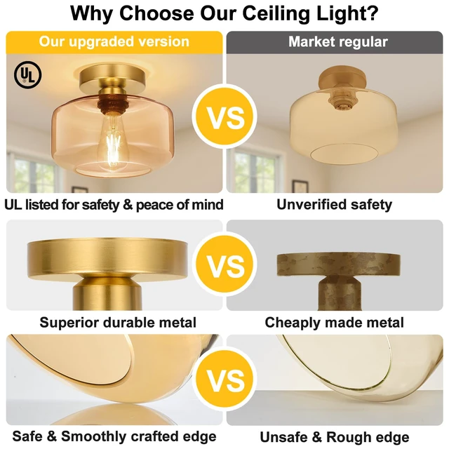 Alt view image 3 of 7 - Industrial Semi Flush Mount Ceiling Light Brushed Gold, Amber Glass Shade Ceiling Light Fixture,Amber Light Fixture for Hallway Bathroom Bedroom, Vintage Hanging Light Fixtures