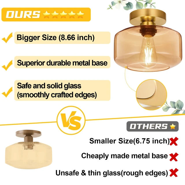 Alt view image 2 of 7 - Industrial Semi Flush Mount Ceiling Light Brushed Gold, Amber Glass Shade Ceiling Light Fixture,Amber Light Fixture for Hallway Bathroom Bedroom, Vintage Hanging Light Fixtures