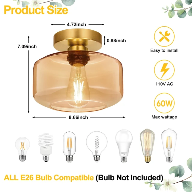 Alt view image 6 of 7 - Industrial Semi Flush Mount Ceiling Light Brushed Gold, Amber Glass Shade Ceiling Light Fixture,Amber Light Fixture for Hallway Bathroom Bedroom, Vintage Hanging Light Fixtures