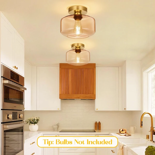Alt view image 4 of 7 - Industrial Semi Flush Mount Ceiling Light Brushed Gold, Amber Glass Shade Ceiling Light Fixture,Amber Light Fixture for Hallway Bathroom Bedroom, Vintage Hanging Light Fixtures