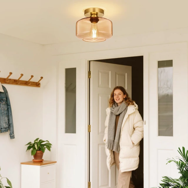 Alt view image 7 of 7 - Industrial Semi Flush Mount Ceiling Light Brushed Gold, Amber Glass Shade Ceiling Light Fixture,Amber Light Fixture for Hallway Bathroom Bedroom, Vintage Hanging Light Fixtures