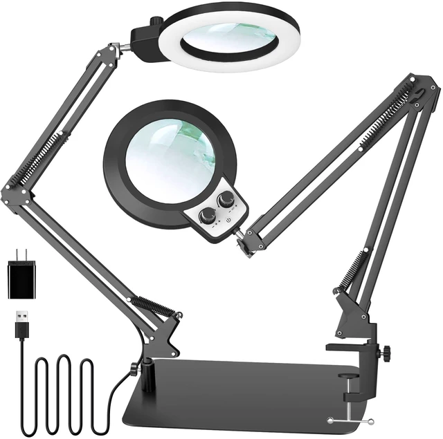 Main image of 12X Magnifying Glass with Light and Stand, Overhead Knob 2 in 1 Lighted Magnifier Lamp for Workbench, Craft, Sewing, Repair, Real Glass Lens Stepless Dimming and Color (11.8IN Base & Clamp)