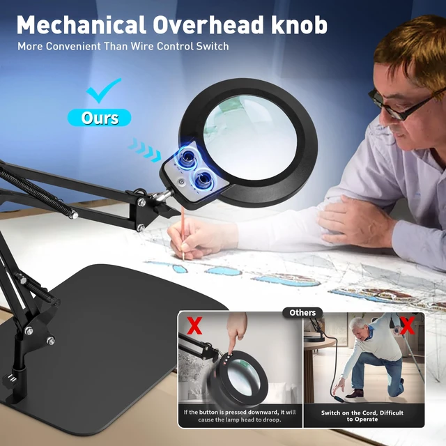 Alt view image 2 of 7 - 12X Magnifying Glass with Light and Stand, Overhead Knob 2 in 1 Lighted Magnifier Lamp for Workbench, Craft, Sewing, Repair, Real Glass Lens Stepless Dimming and Color (11.8IN Base & Clamp)