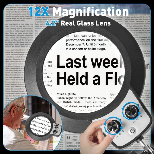Alt view image 4 of 7 - 12X Magnifying Glass with Light and Stand, Overhead Knob 2 in 1 Lighted Magnifier Lamp for Workbench, Craft, Sewing, Repair, Real Glass Lens Stepless Dimming and Color (11.8IN Base & Clamp)