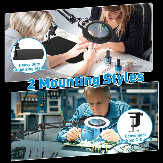 Alt view image 5 of 7 - 12X Magnifying Glass with Light and Stand, Overhead Knob 2 in 1 Lighted Magnifier Lamp for Workbench, Craft, Sewing, Repair, Real Glass Lens Stepless Dimming and Color (11.8IN Base & Clamp)