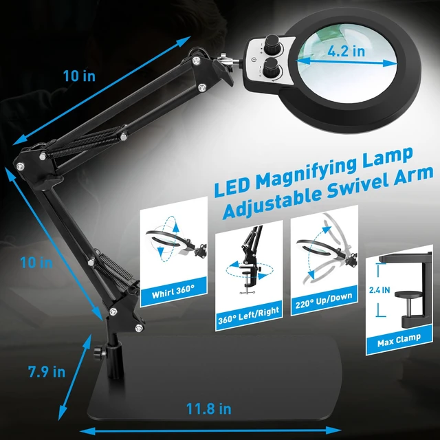 Alt view image 6 of 7 - 12X Magnifying Glass with Light and Stand, Overhead Knob 2 in 1 Lighted Magnifier Lamp for Workbench, Craft, Sewing, Repair, Real Glass Lens Stepless Dimming and Color (11.8IN Base & Clamp)