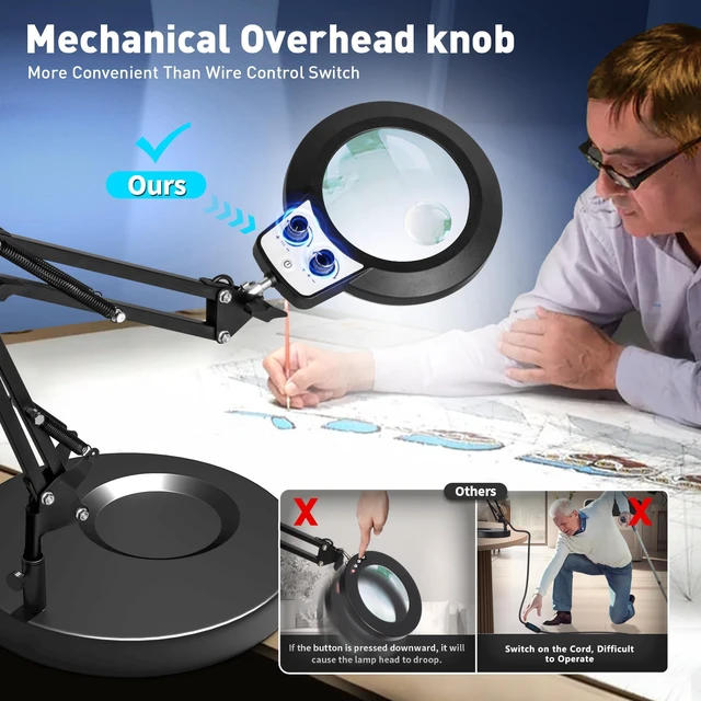 Alt view image 2 of 7 - 12X 30X Magnifying Glass with Light and Stand, Overhead Knob 2 in 1 Lighted Magnifier Lamp for Workbench, Craft, Sewing, Repair, Real Glass Lens Stepless Dimming and Color (9.06IN Base & Clamp)