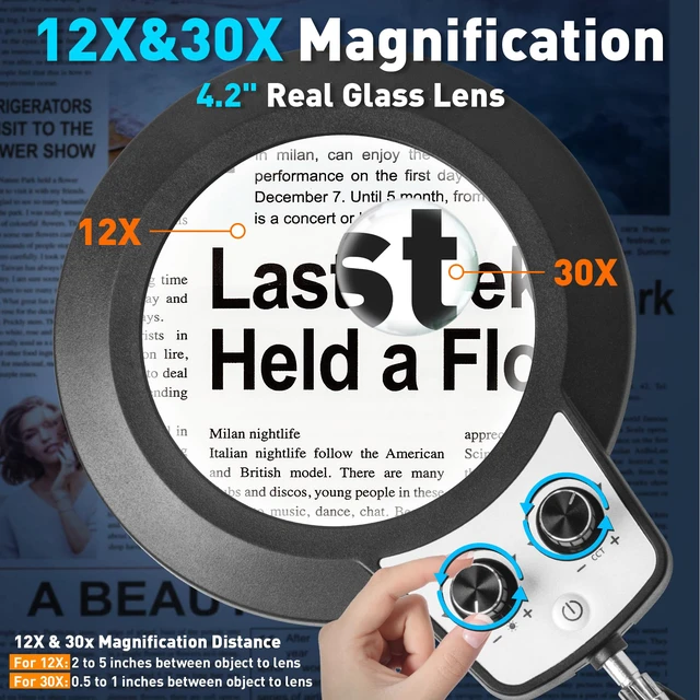 Alt view image 3 of 7 - 12X 30X Magnifying Glass with Light and Stand, Overhead Knob 2 in 1 Lighted Magnifier Lamp for Workbench, Craft, Sewing, Repair, Real Glass Lens Stepless Dimming and Color (9.06IN Base & Clamp)