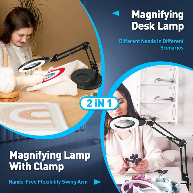 Alt view image 4 of 7 - 12X 30X Magnifying Glass with Light and Stand, Overhead Knob 2 in 1 Lighted Magnifier Lamp for Workbench, Craft, Sewing, Repair, Real Glass Lens Stepless Dimming and Color (9.06IN Base & Clamp)