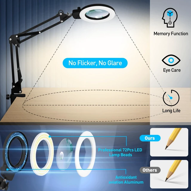 Alt view image 7 of 7 - 12X 30X Magnifying Glass with Light and Stand, Overhead Knob 2 in 1 Lighted Magnifier Lamp for Workbench, Craft, Sewing, Repair, Real Glass Lens Stepless Dimming and Color (9.06IN Base & Clamp)
