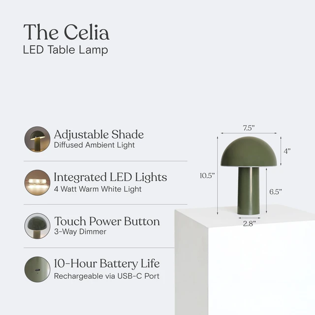 Alt view image 4 of 7 - Celia Table Lamp 10" Touch-Controlled Mushroom Accent Lamp, Cordless & Dimmable LED, Portable Bedside Accent Light, Recycled Sustainable Modern Lamp for Home Décor Olive Green
