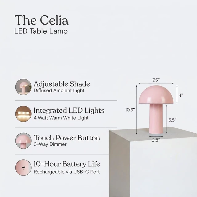 Alt view image 4 of 7 - Celia Table Lamp 10" Touch-Controlled Mushroom Accent Lamp, Cordless & Dimmable LED, Portable & Rechargeable Bedside Night Light, Sustainable Recycled Modern Patio Lamp, Home Décor Pink
